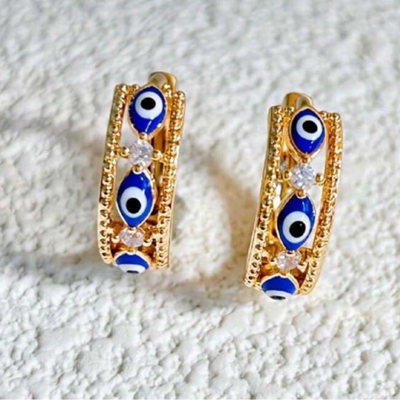 Gold and Blue Evil Eye Hoop Earrings 18k gold - Picture 1 of 4